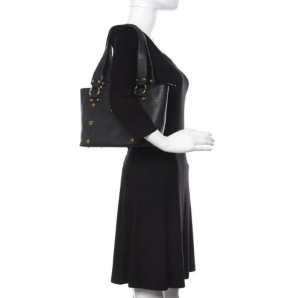 MCM Grained Calfskin Black Leather Shoulder Bag With COA